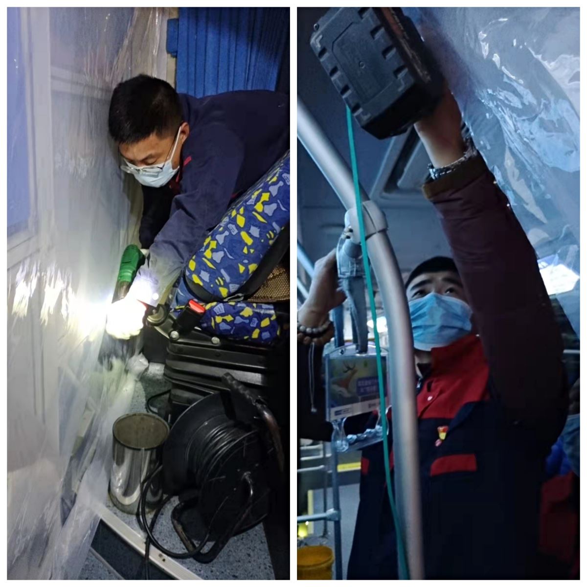 黨員先行，公交集團機務(wù)技術(shù)事業(yè)部連夜為疫情轉(zhuǎn)運車輛安裝防護膜